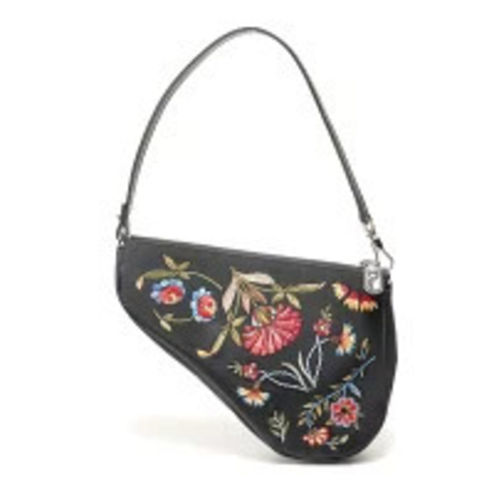 Christian Dior Satin Embroidered Saddle Shoulder Bag Black